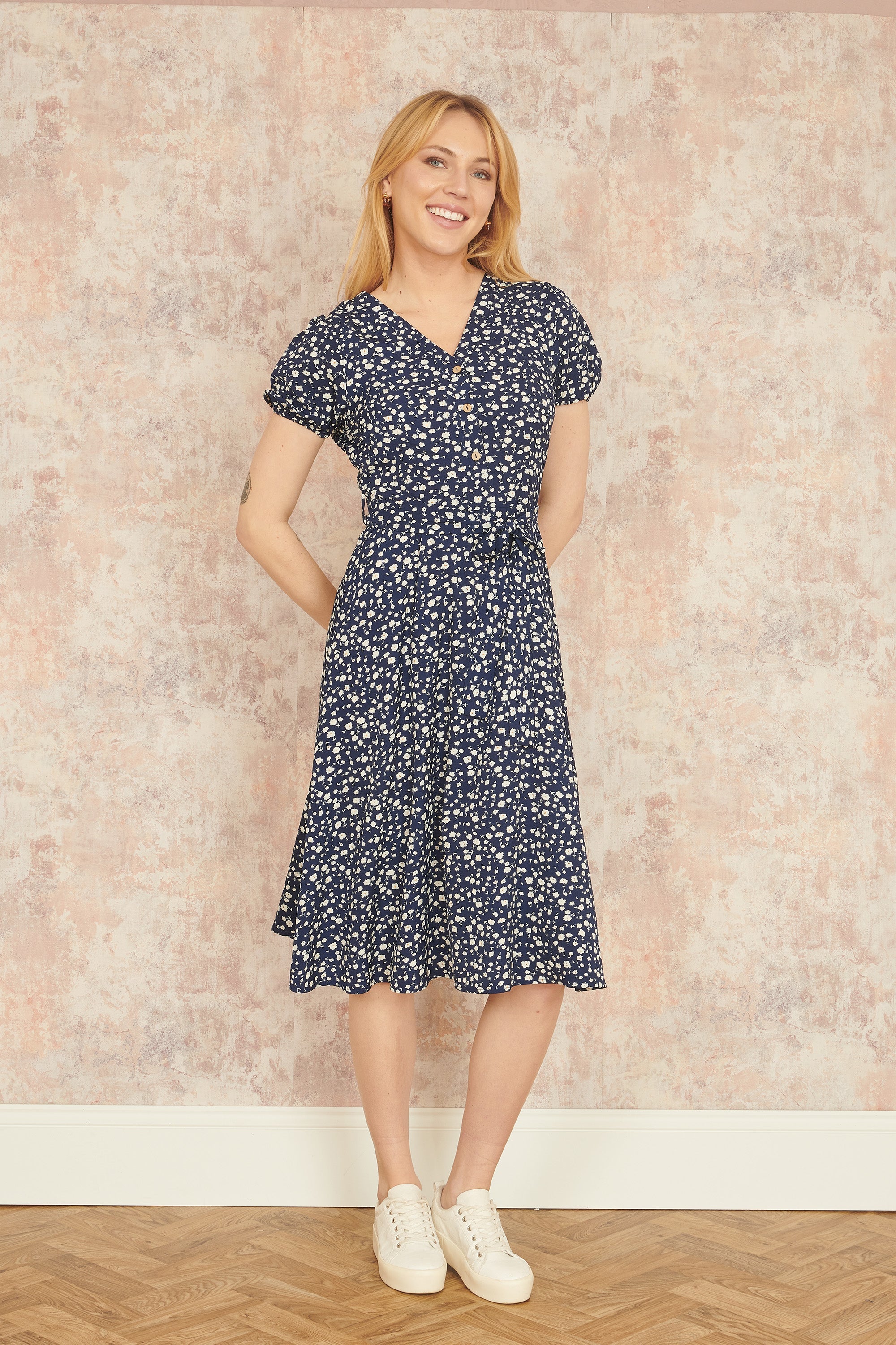 Yumi Navy Geo Print Retro Style Shirt Dress