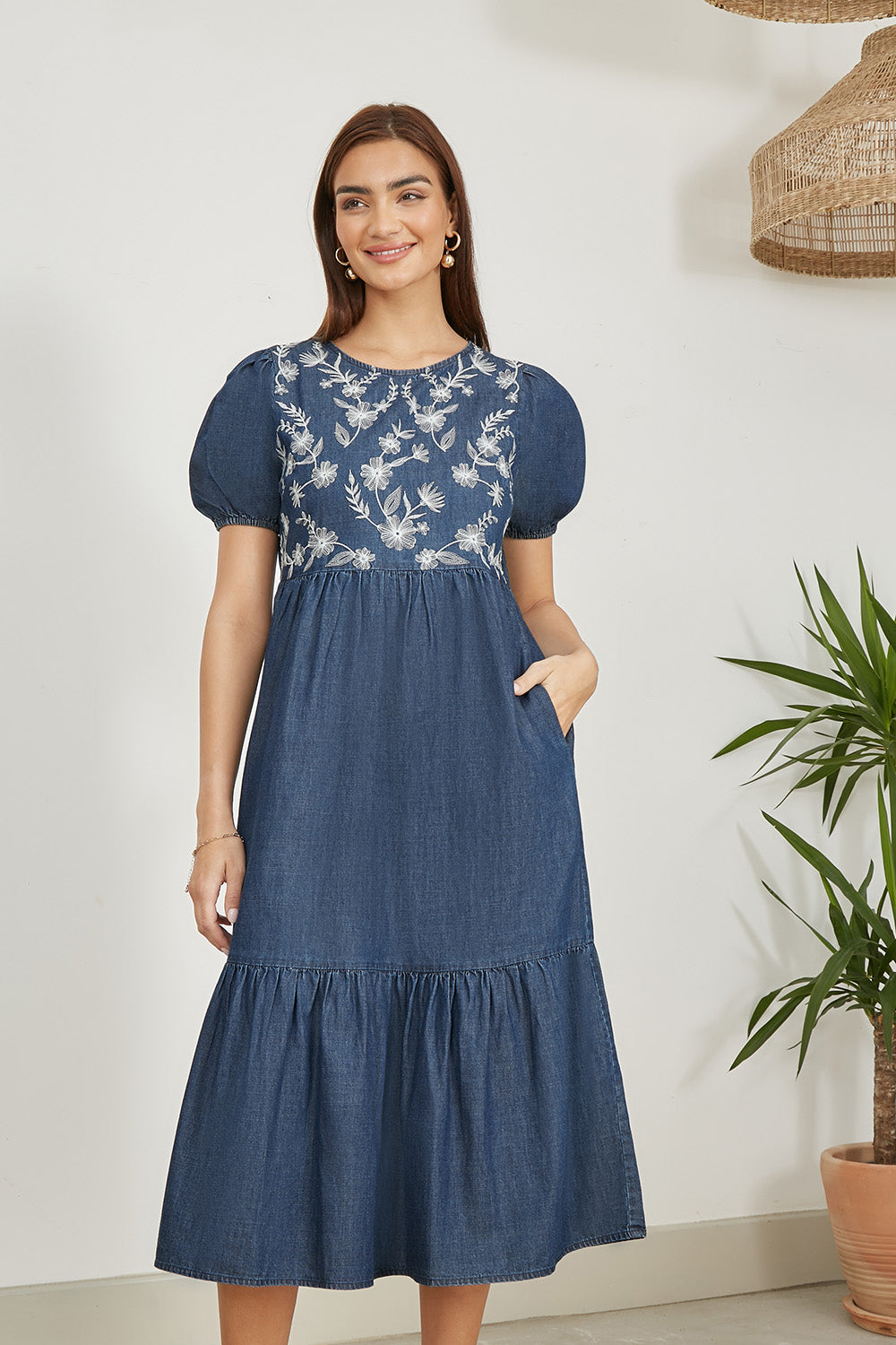 Yumi Blue Chambray Denim Midi Dress With Embroidery And Puff Sleeves - QHA UK