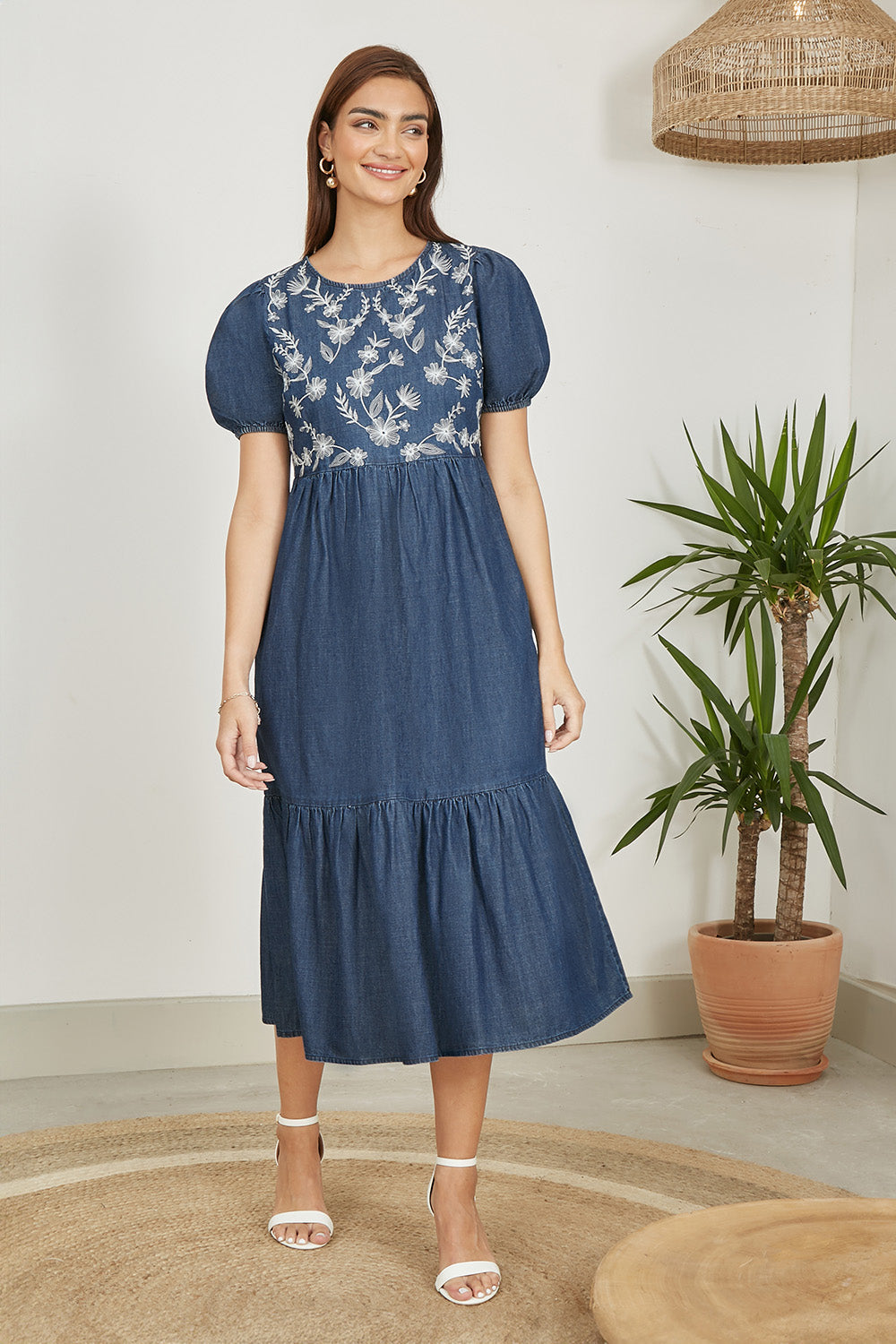Yumi Blue Chambray Denim Midi Dress With Embroidery And Puff Sleeves - QHA UK