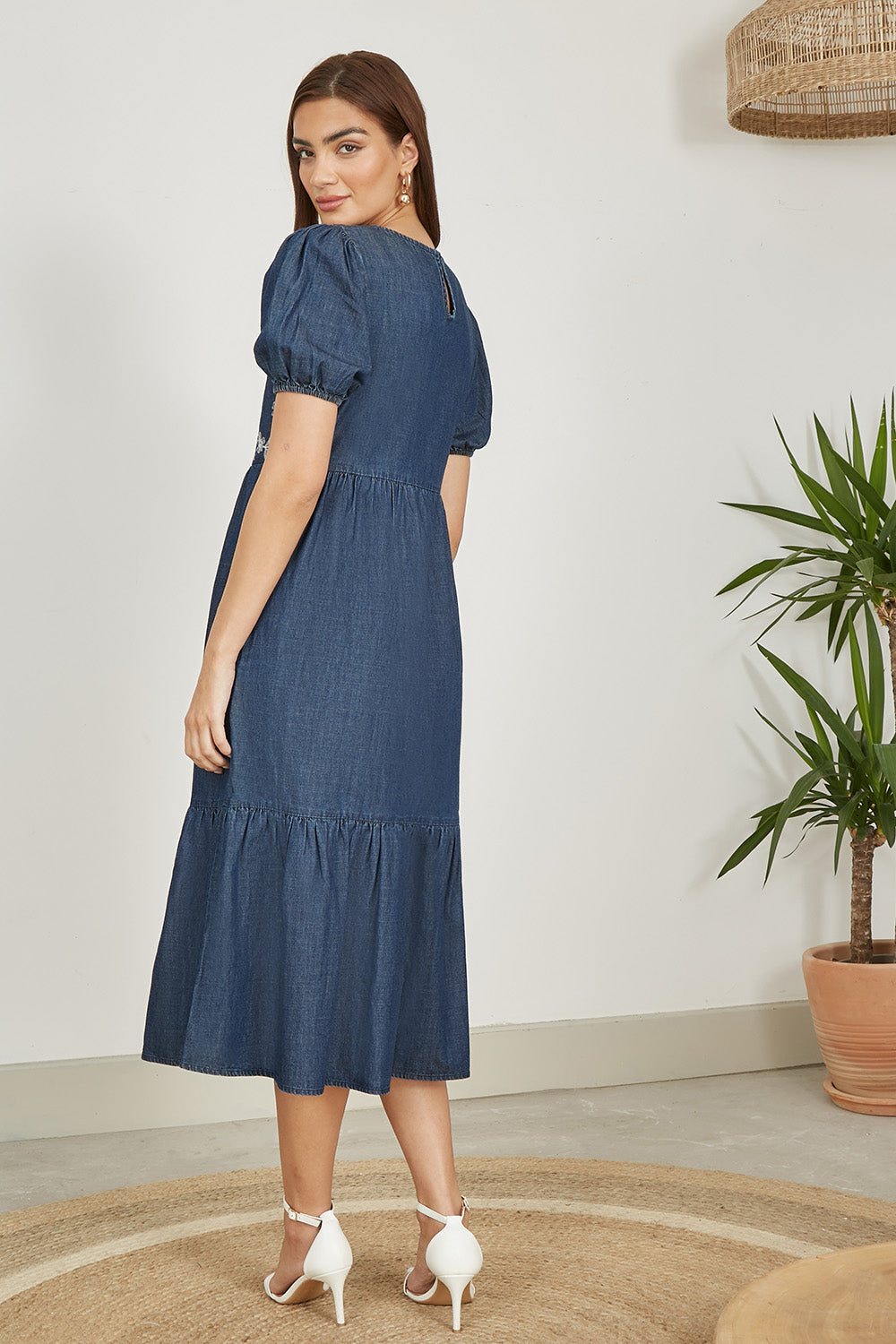 Yumi Blue Chambray Denim Midi Dress With Embroidery And Puff Sleeves - QHA UK