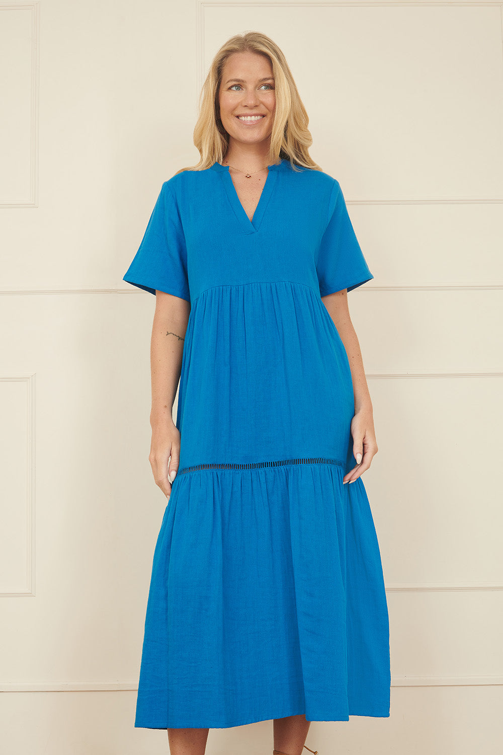 Yumi Blue Double Cotton Long Kaftan - QHA UK