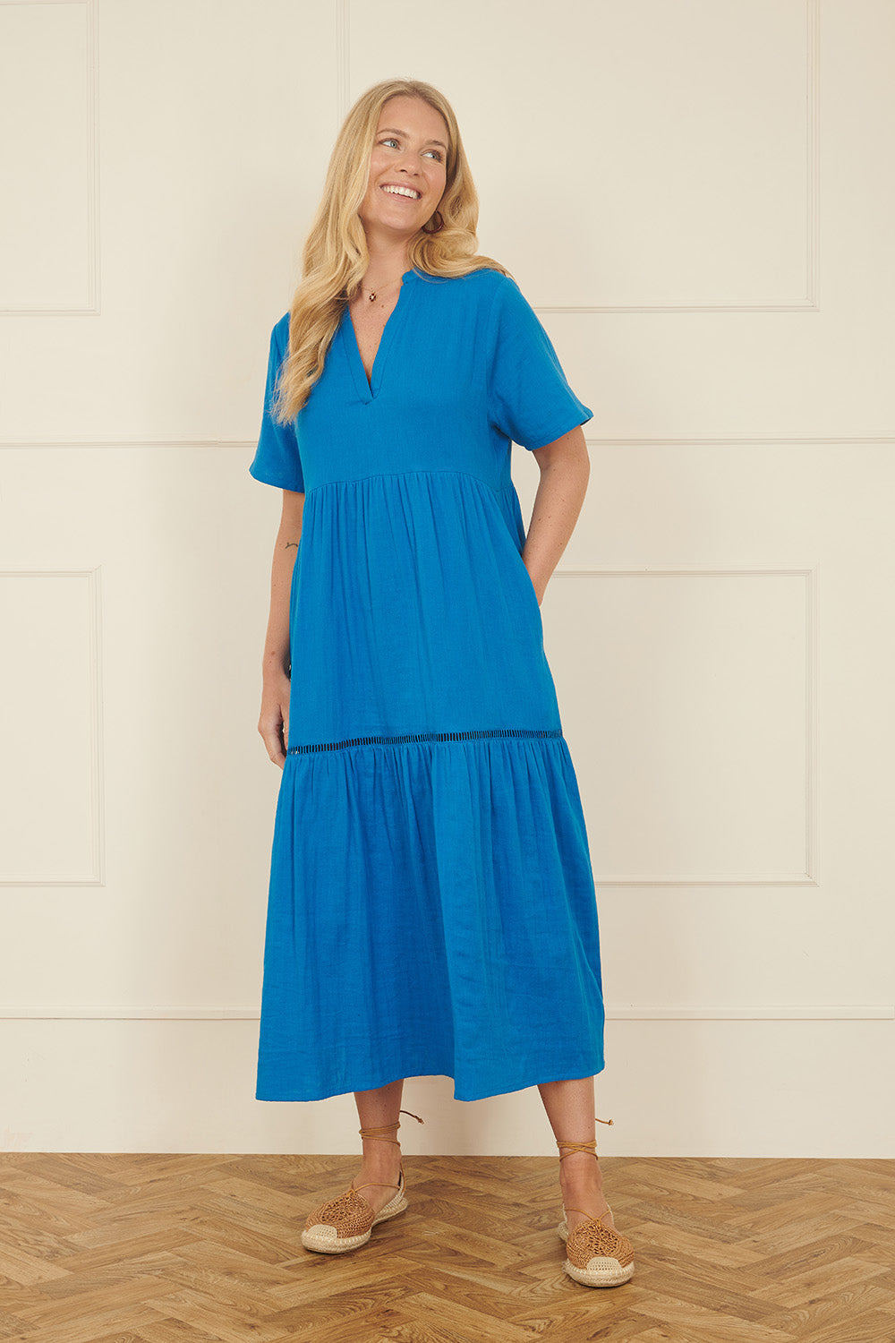 Yumi Blue Double Cotton Long Kaftan - QHA UK