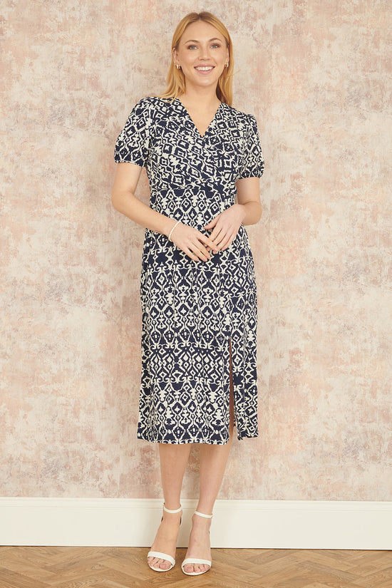 Yumi Navy Ikat Print Midi Dress With Split Hem - QHA UK