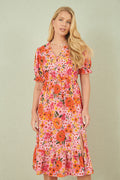 Yumi Pink Floral Midi Dress With Frill Hem and Puff Sleeves - QHA UK