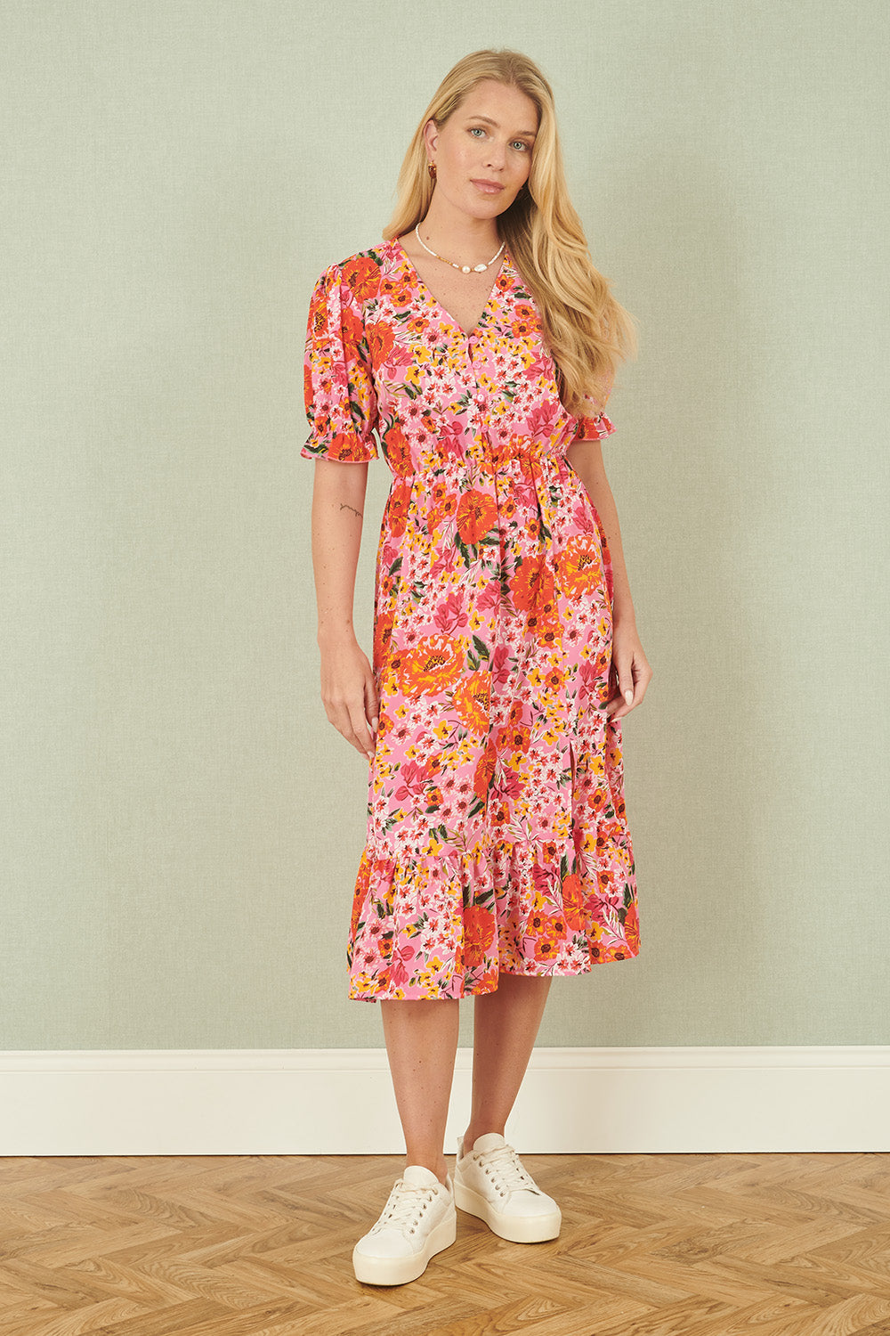 Yumi Pink Floral Midi Dress With Frill Hem and Puff Sleeves - QHA UK