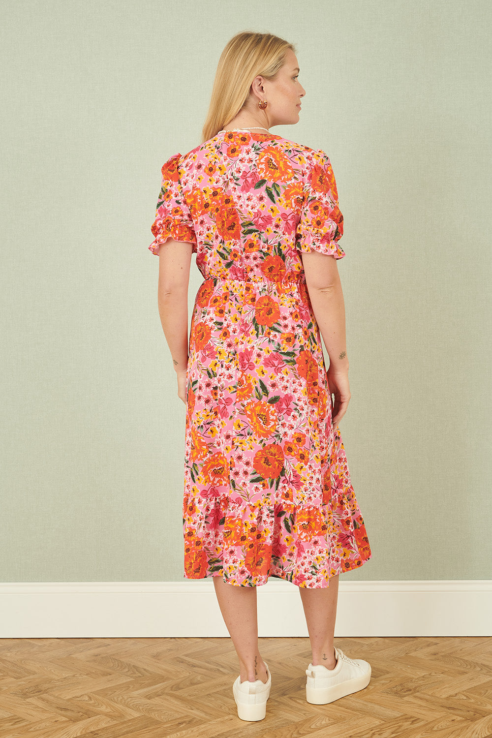Yumi Pink Floral Midi Dress With Frill Hem and Puff Sleeves - QHA UK