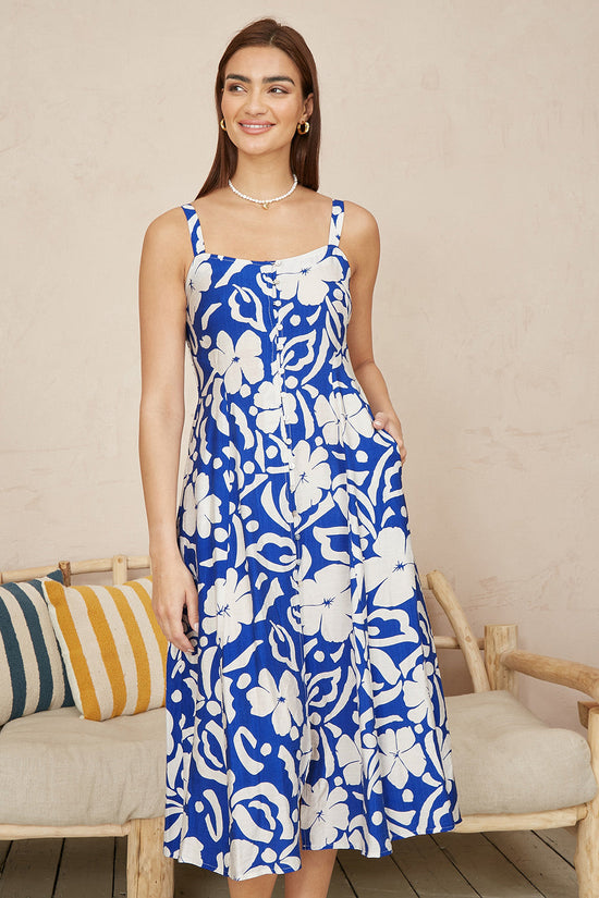 Yumi Blue Floral Button Through Midi Dress - QHA UK