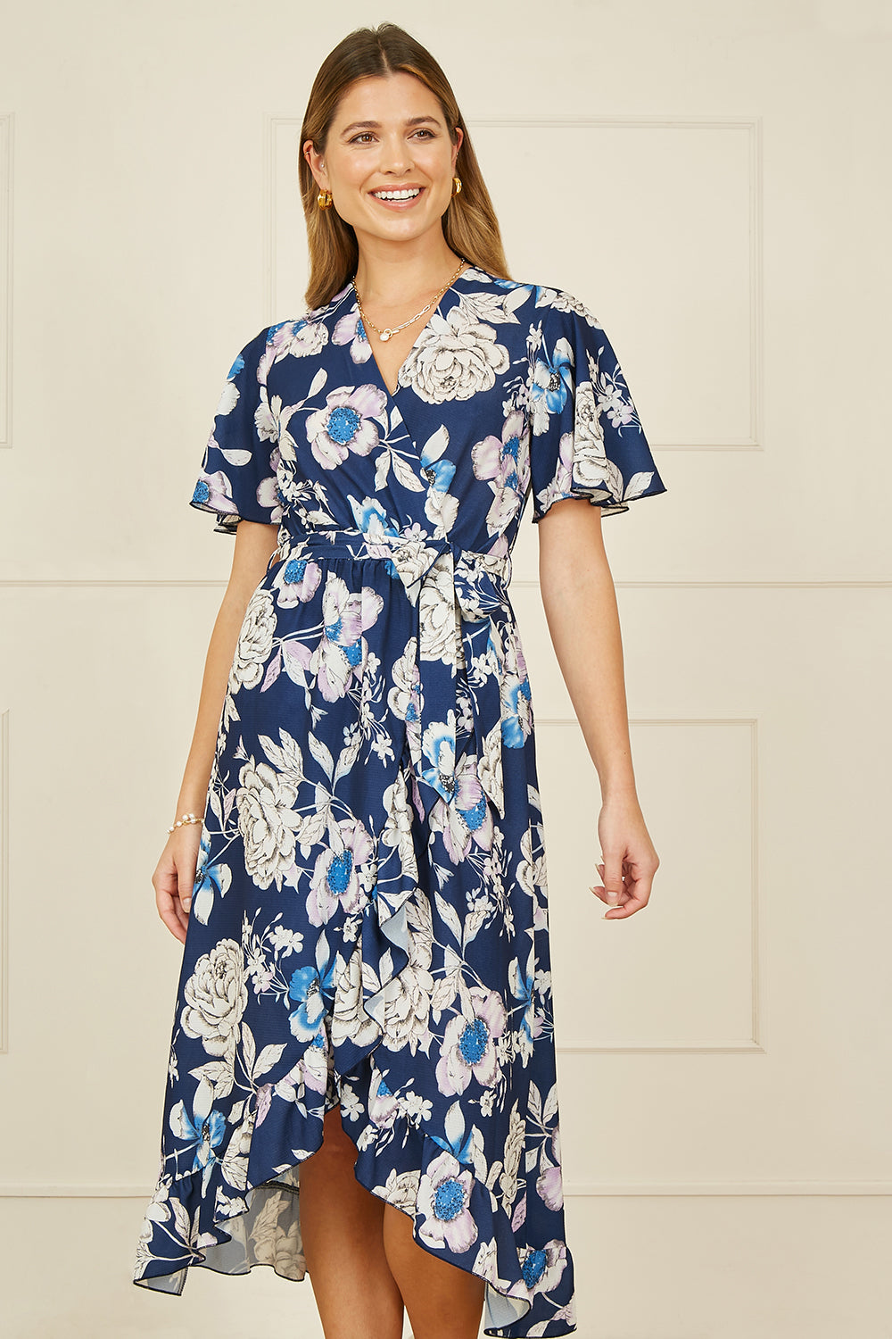 Yumi Navy Floral Midi Wrap Dress - QHA UK