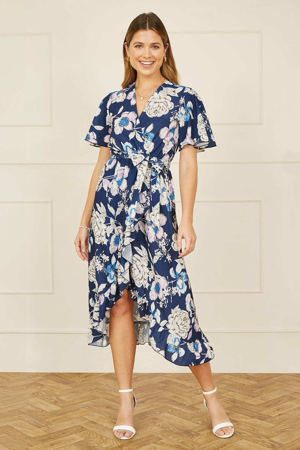 Yumi Navy Floral Midi Wrap Dress - QHA UK