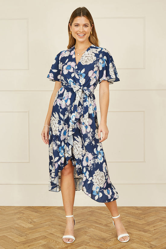 Yumi Navy Floral Midi Wrap Dress - QHA UK