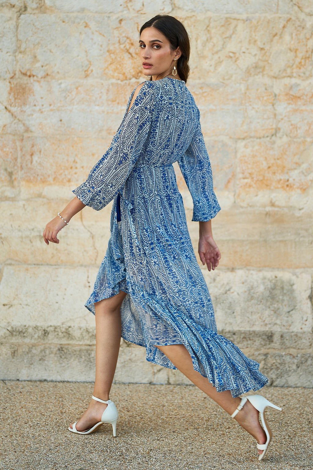 Yumi Blue Paisley Dipped Hemline Midi Dress With Open Long Sleeves - QHA UK