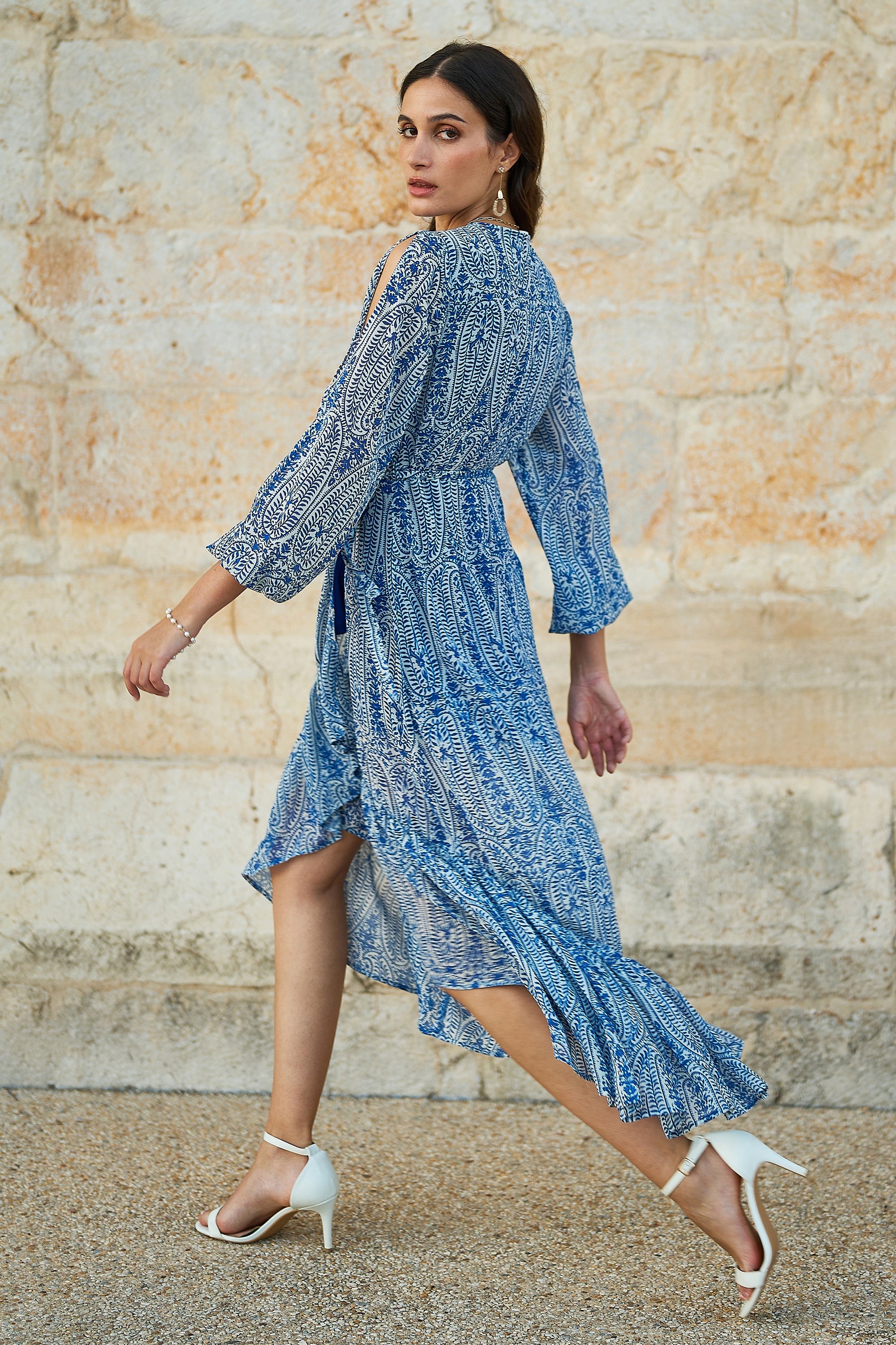 Yumi Blue Paisley Dipped Hemline Midi Dress With Open Long Sleeves - QHA UK