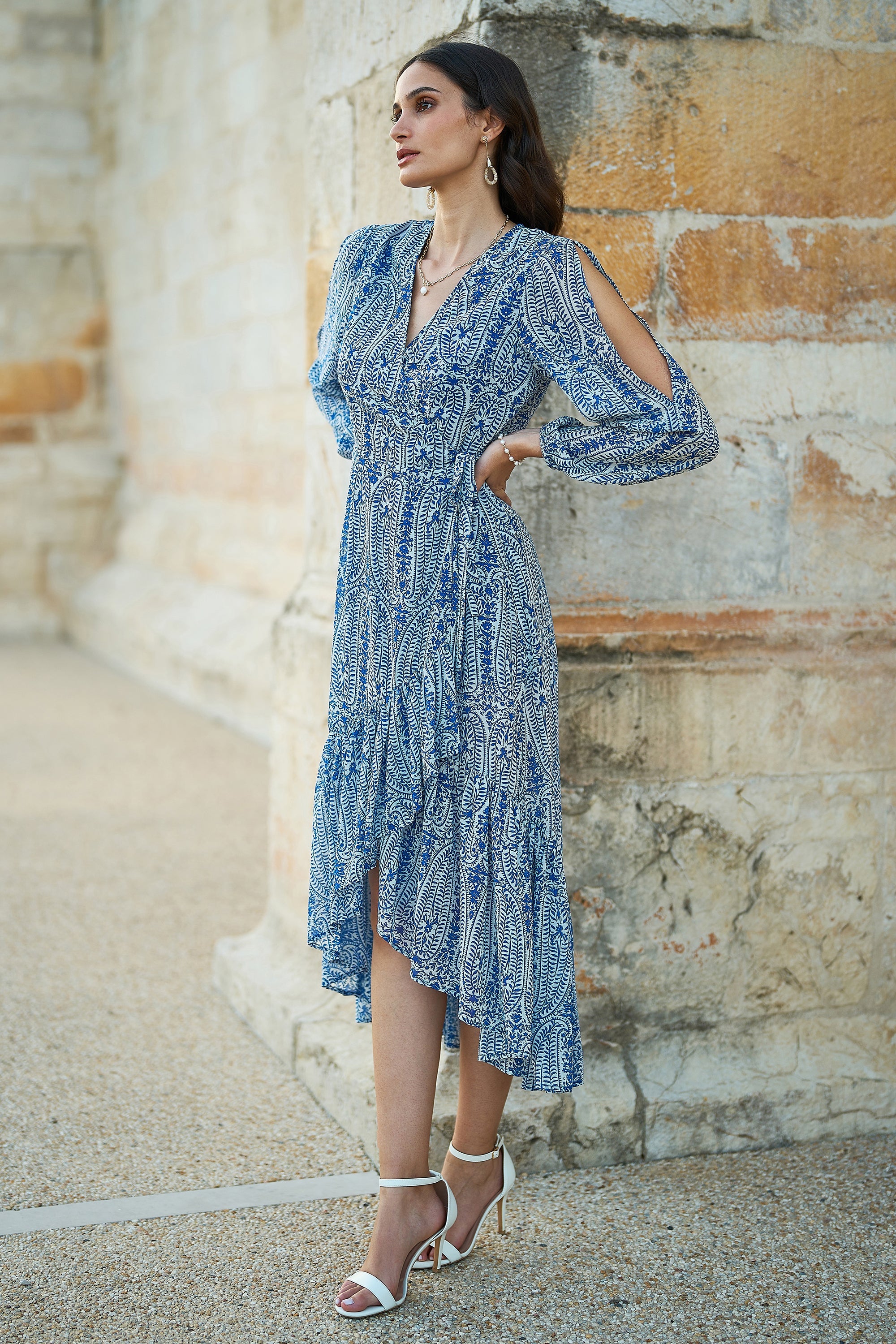 Yumi Blue Paisley Dipped Hemline Midi Dress With Open Long Sleeves - QHA UK
