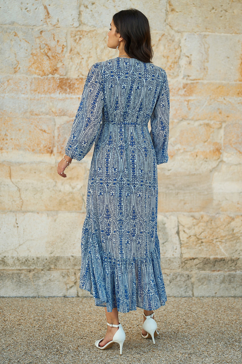 Yumi Blue Paisley Dipped Hemline Midi Dress With Open Long Sleeves - QHA UK