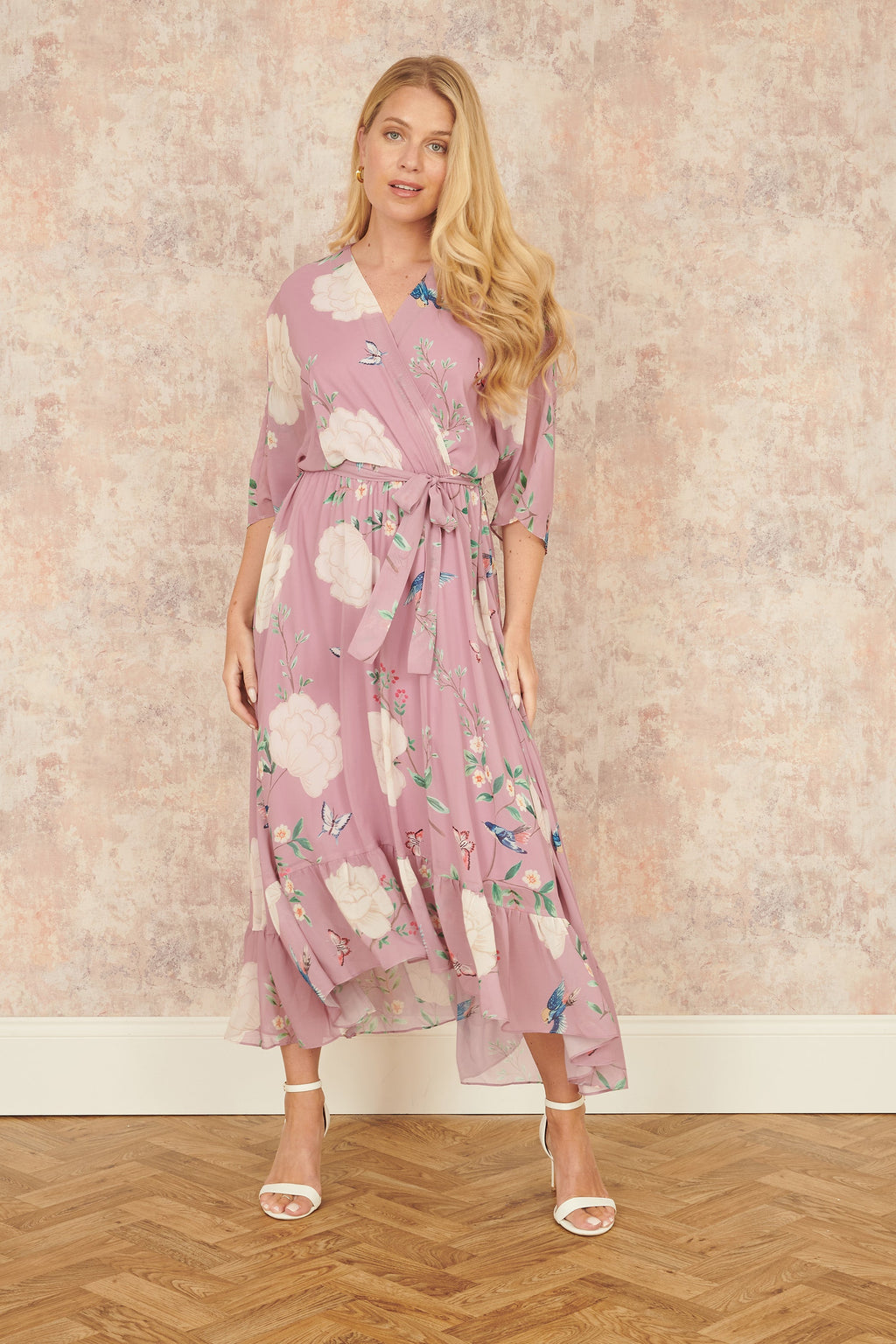 Yumi Pink Bird and Floral Print Midi Wrap Dress - QHA UK