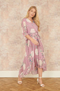 Yumi Pink Bird and Floral Print Midi Wrap Dress - QHA UK