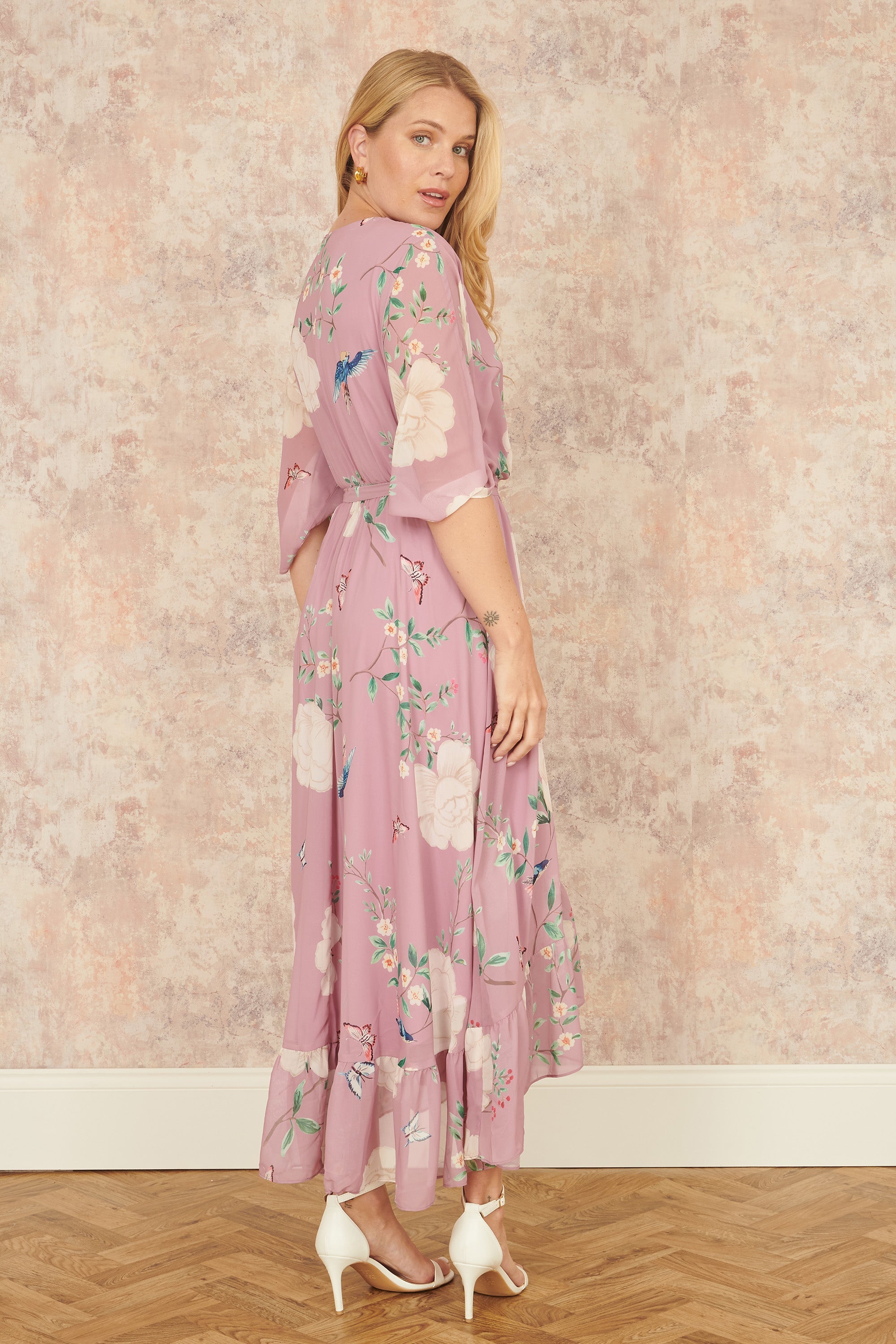 Yumi Pink Bird and Floral Print Midi Wrap Dress - QHA UK