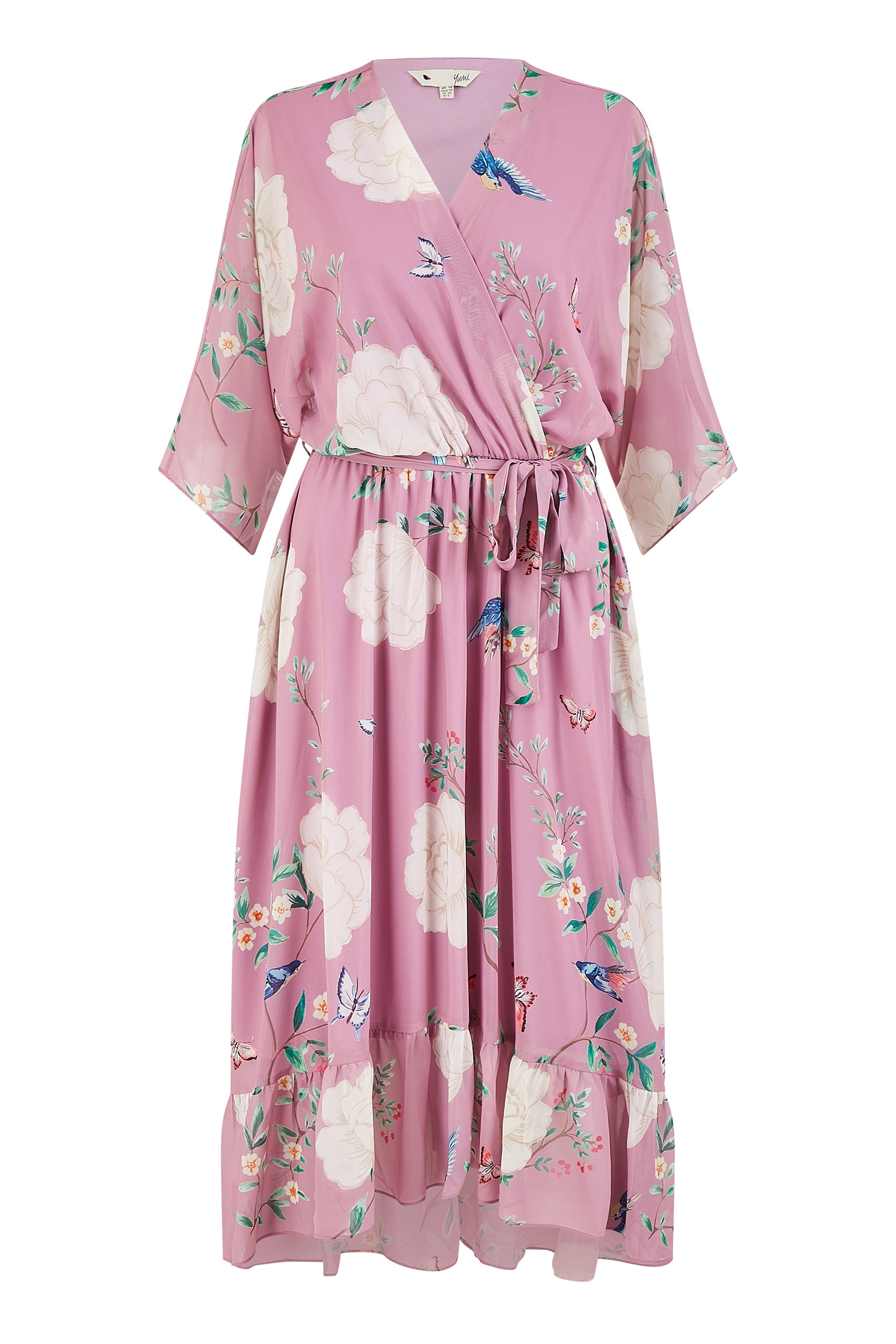 Yumi Pink Bird and Floral Print Midi Wrap Dress - QHA UK