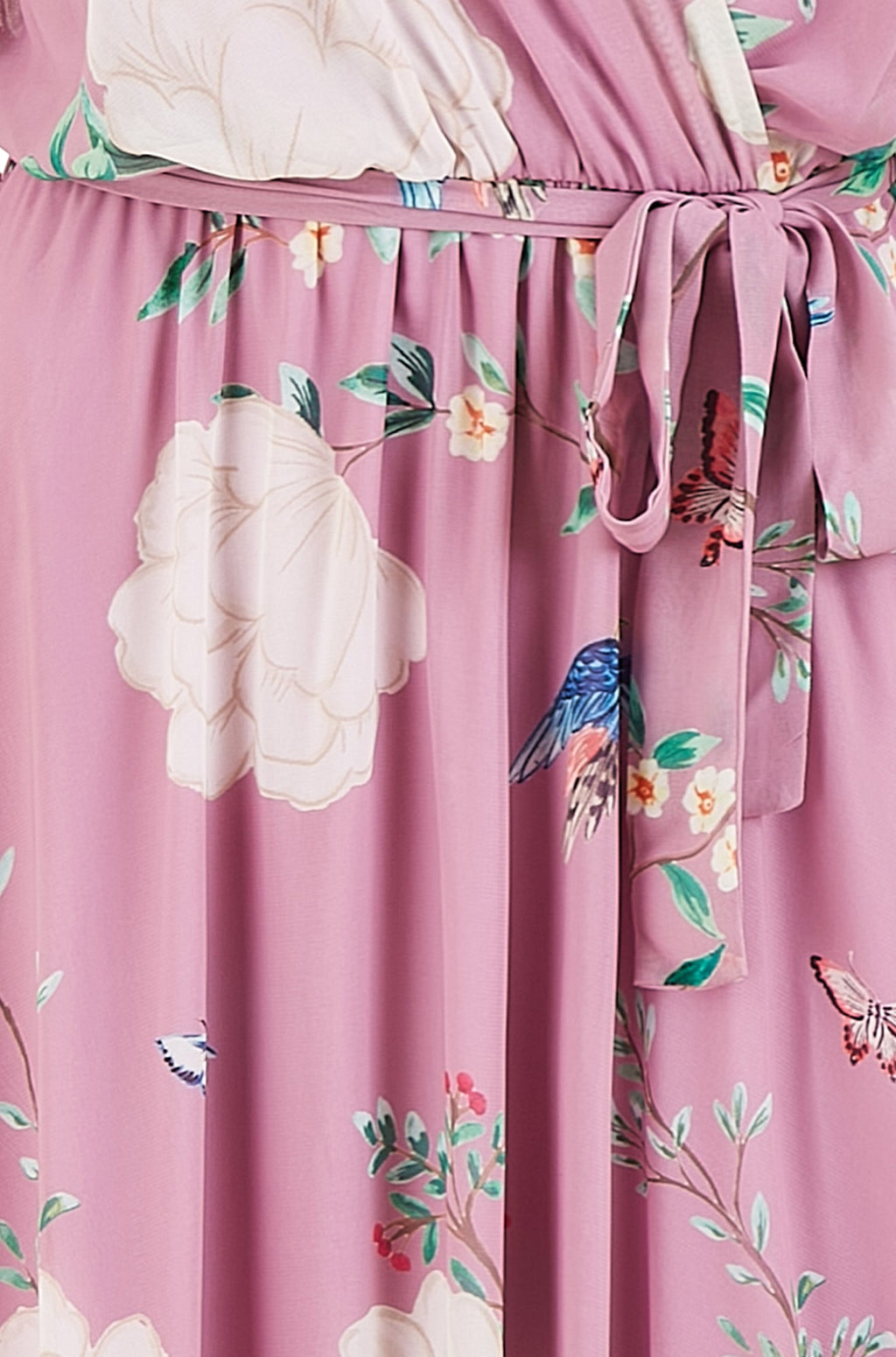 Yumi Pink Bird and Floral Print Midi Wrap Dress - QHA UK