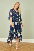 Yumi Navy Bird and Floral Print Midi Wrap Dress - QHA UK