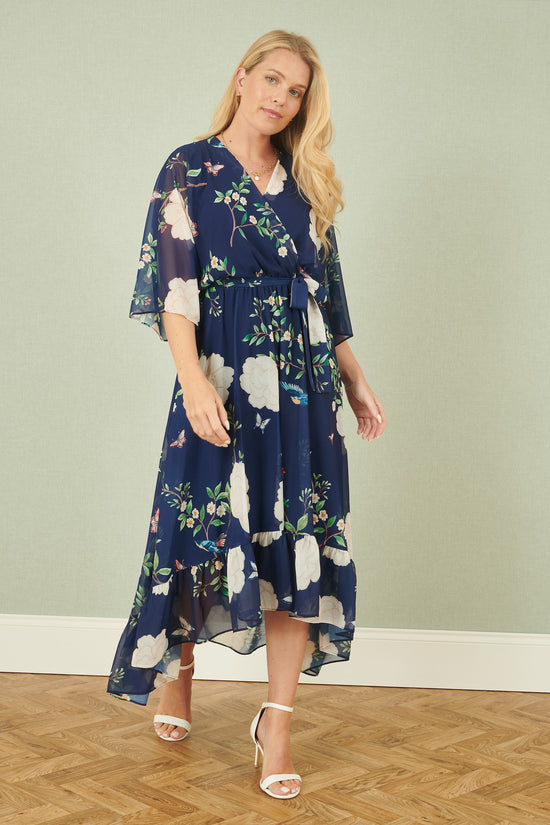 Yumi Navy Bird and Floral Print Midi Wrap Dress - QHA UK