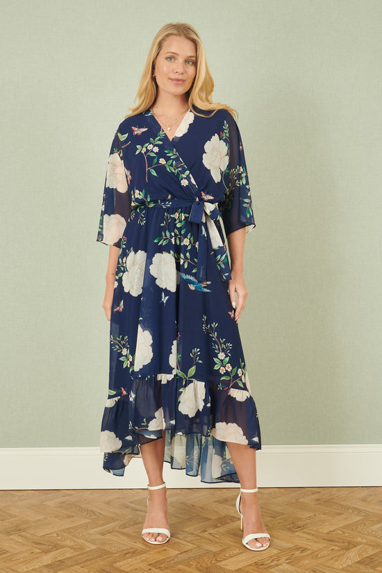 Yumi Navy Bird and Floral Print Midi Wrap Dress - QHA UK