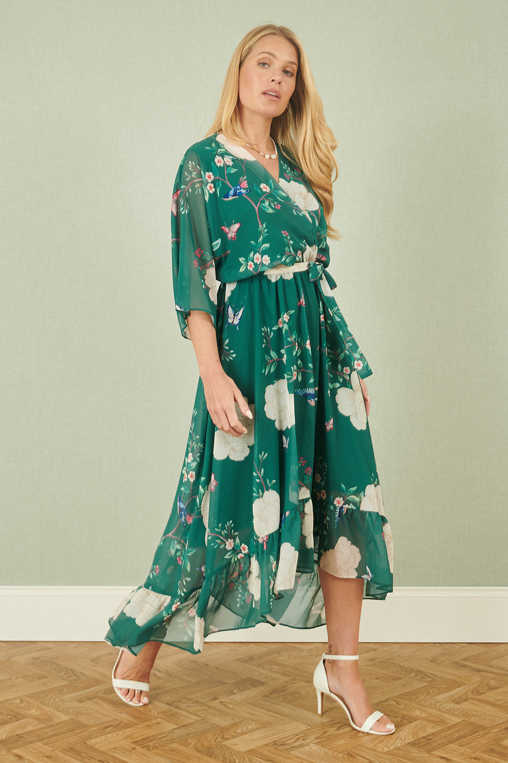 Yumi Green Bird and Floral Print Midi Wrap Dress - QHA UK
