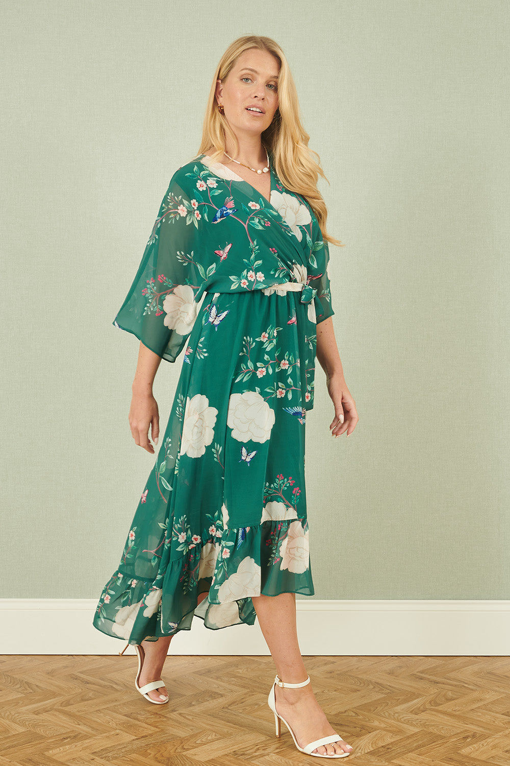 Yumi Green Bird and Floral Print Midi Wrap Dress - QHA UK