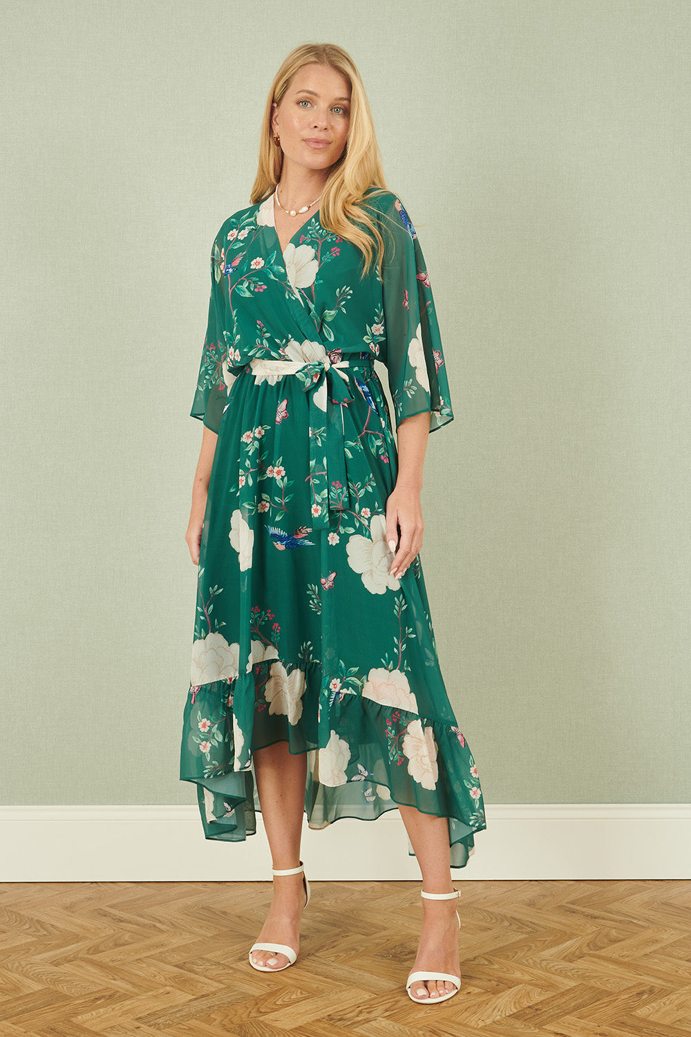 Yumi Green Bird and Floral Print Midi Wrap Dress - QHA UK