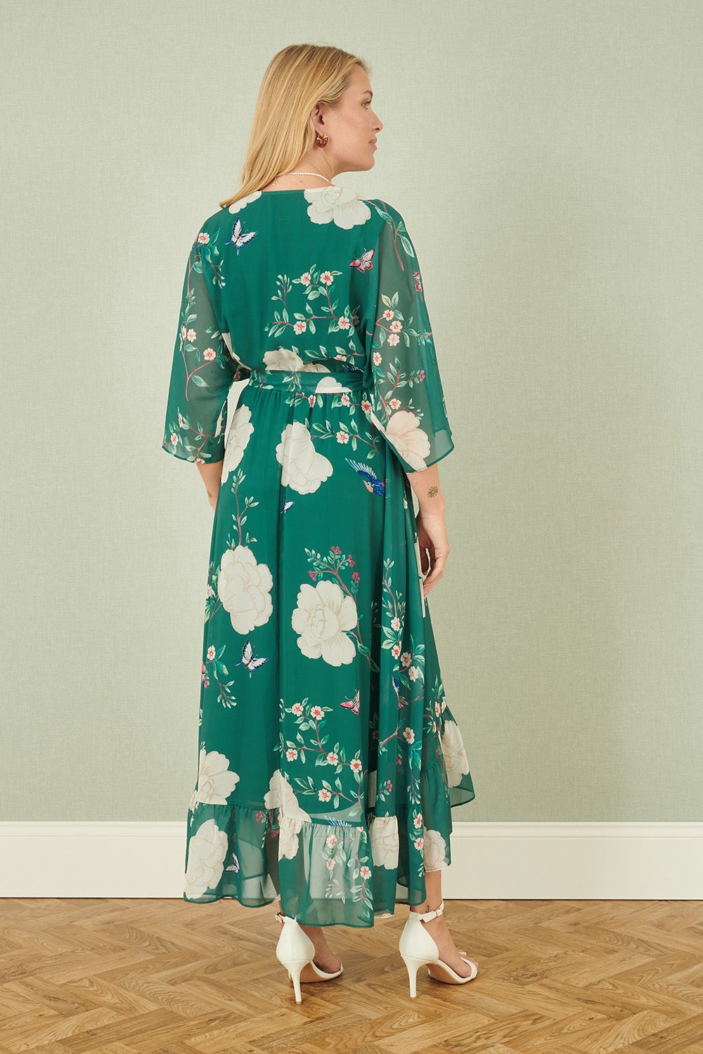 Yumi Green Bird and Floral Print Midi Wrap Dress - QHA UK