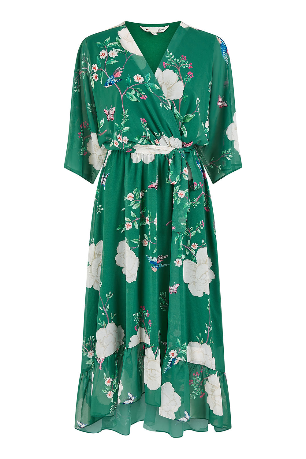 Yumi Green Bird and Floral Print Midi Wrap Dress - QHA UK