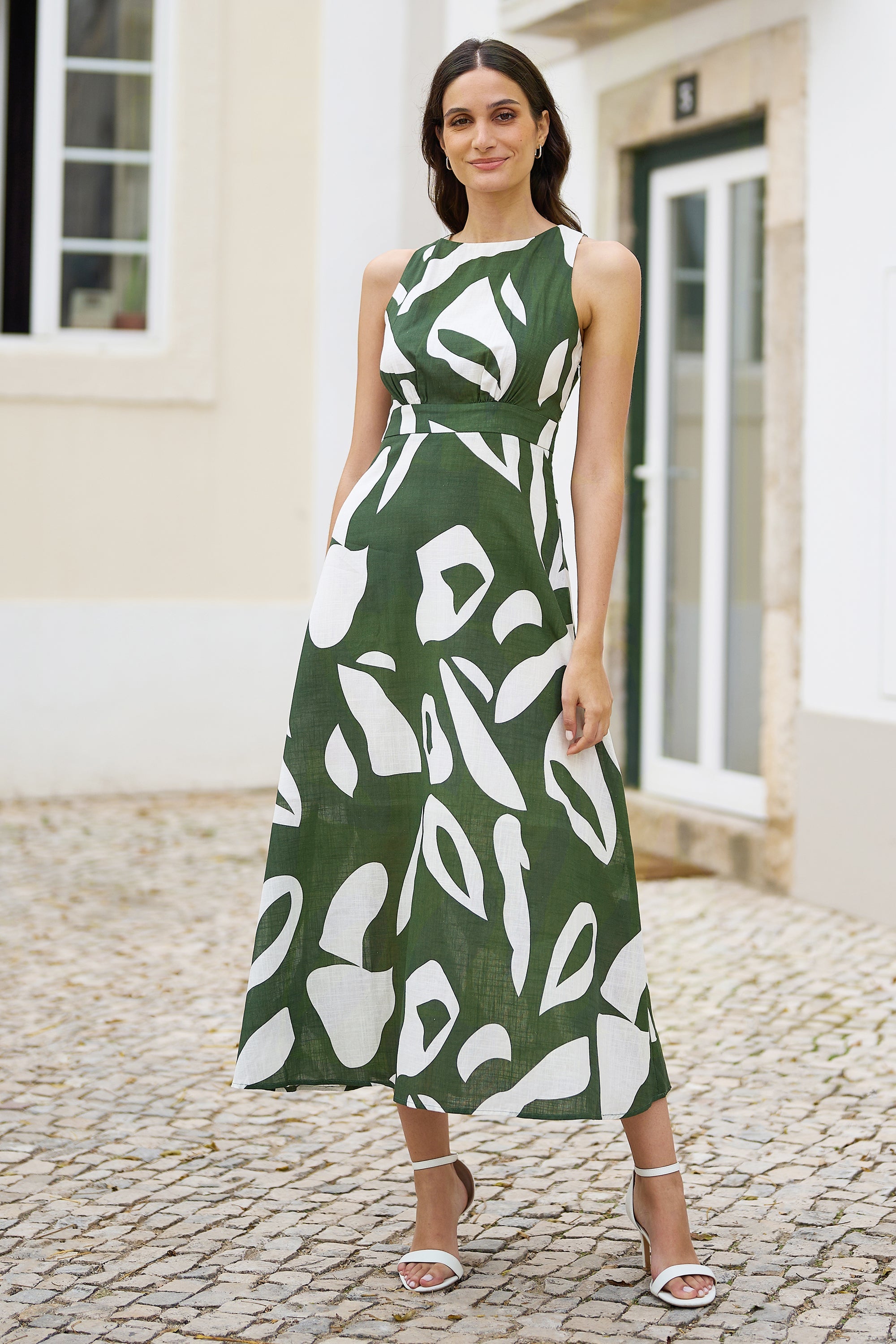 Yumi Green Cotton Abstract Print Maxi Dress With Tie Back - QHA UK
