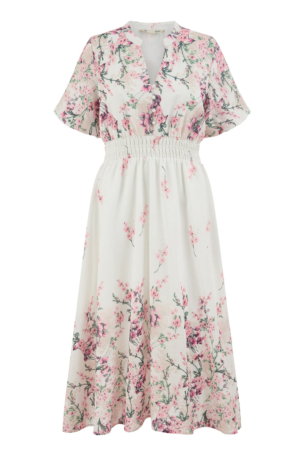 Yumi White Mirrored Floral Button Up Midi Dress With Ruched Waist - QHA UK