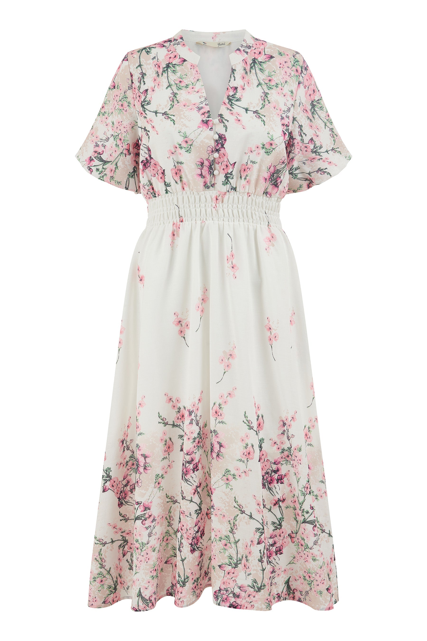 Yumi White Mirrored Floral Button Up Midi Dress With Ruched Waist - QHA UK