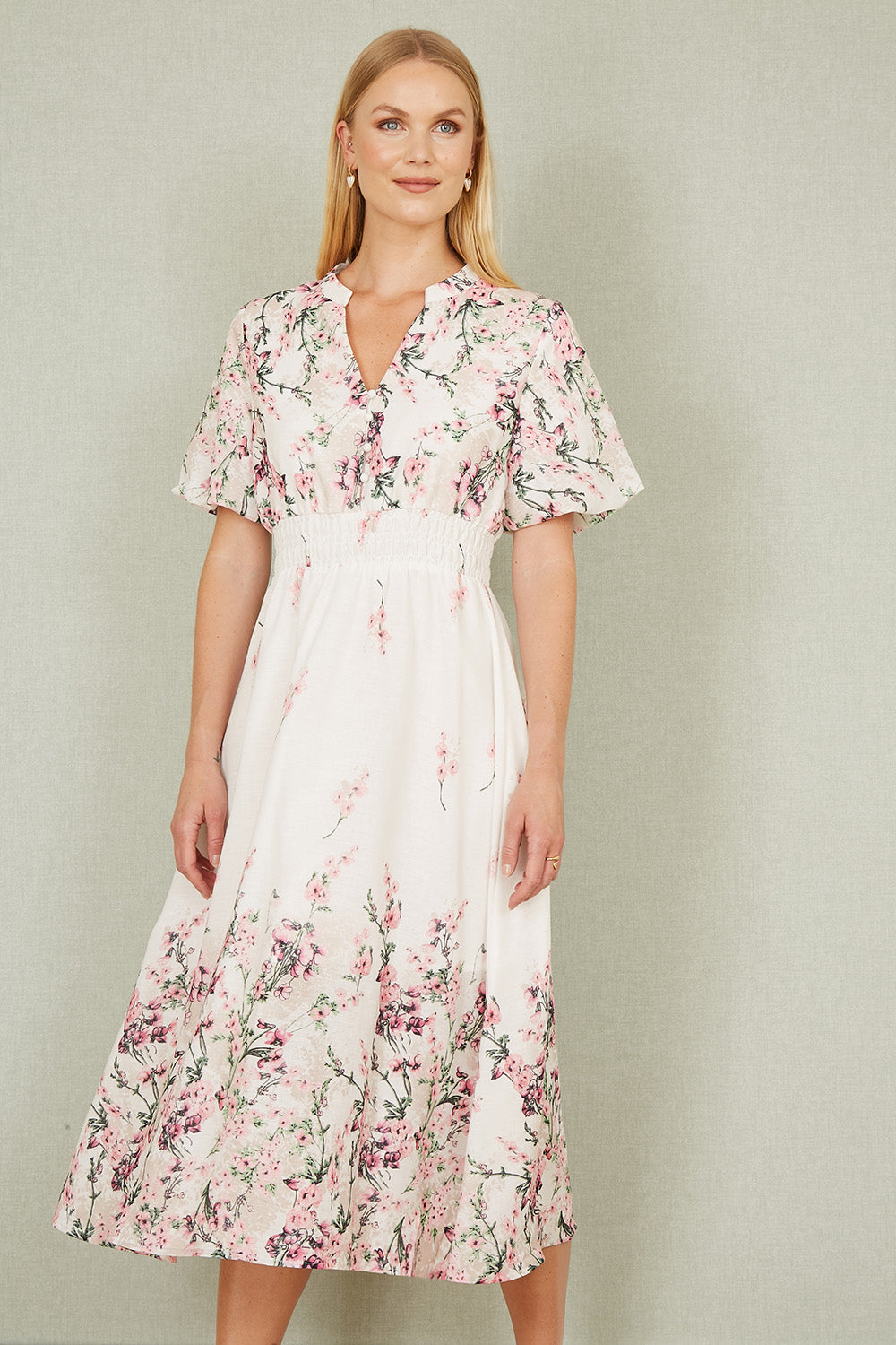 Yumi White Mirrored Floral Button Up Midi Dress With Ruched Waist - QHA UK
