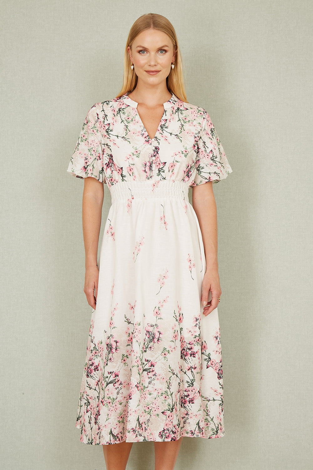 Yumi White Mirrored Floral Button Up Midi Dress With Ruched Waist - QHA UK