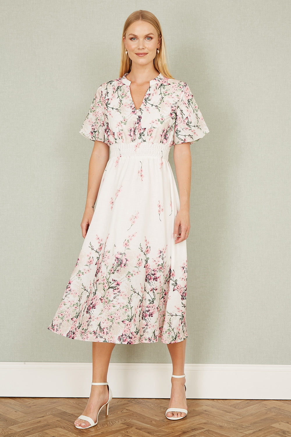 Yumi White Mirrored Floral Button Up Midi Dress With Ruched Waist - QHA UK