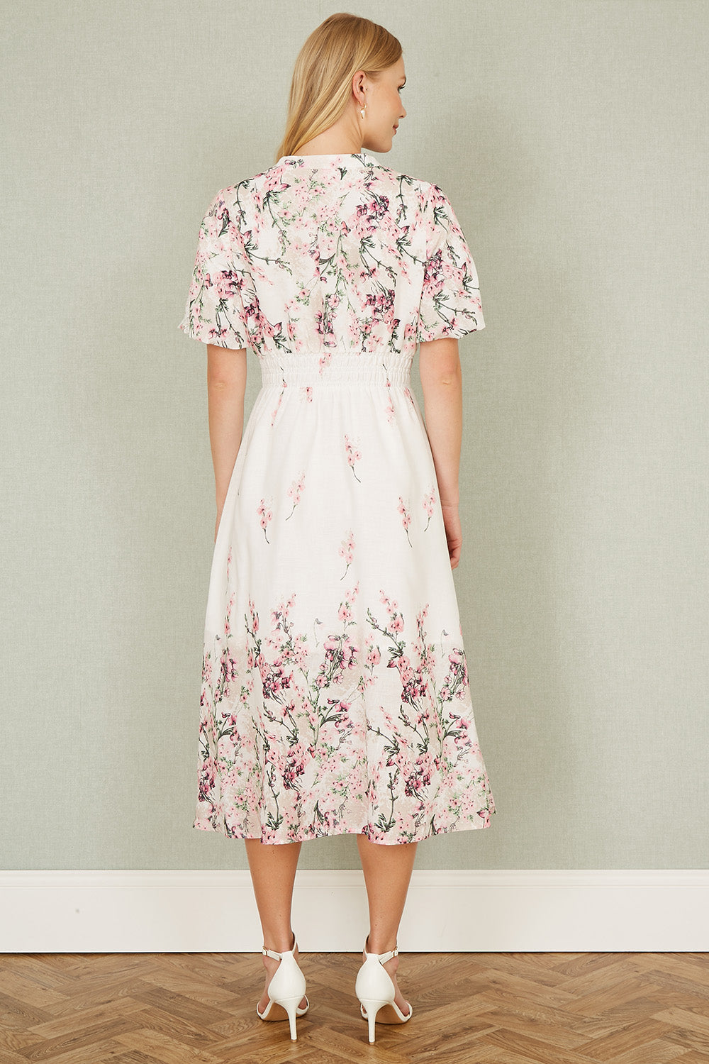 Yumi White Mirrored Floral Button Up Midi Dress With Ruched Waist - QHA UK