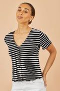 Yumi Black Striped Cotton Jersey Lettuce Trim T-Shirt - QHA UK