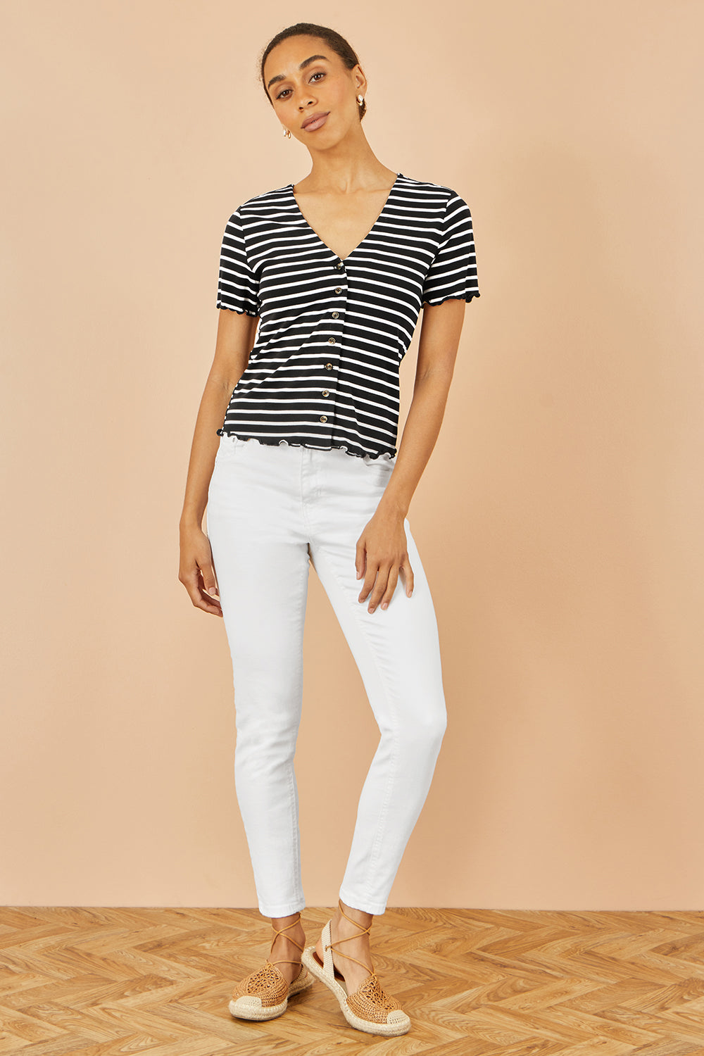 Yumi Black Striped Cotton Jersey Lettuce Trim T-Shirt - QHA UK
