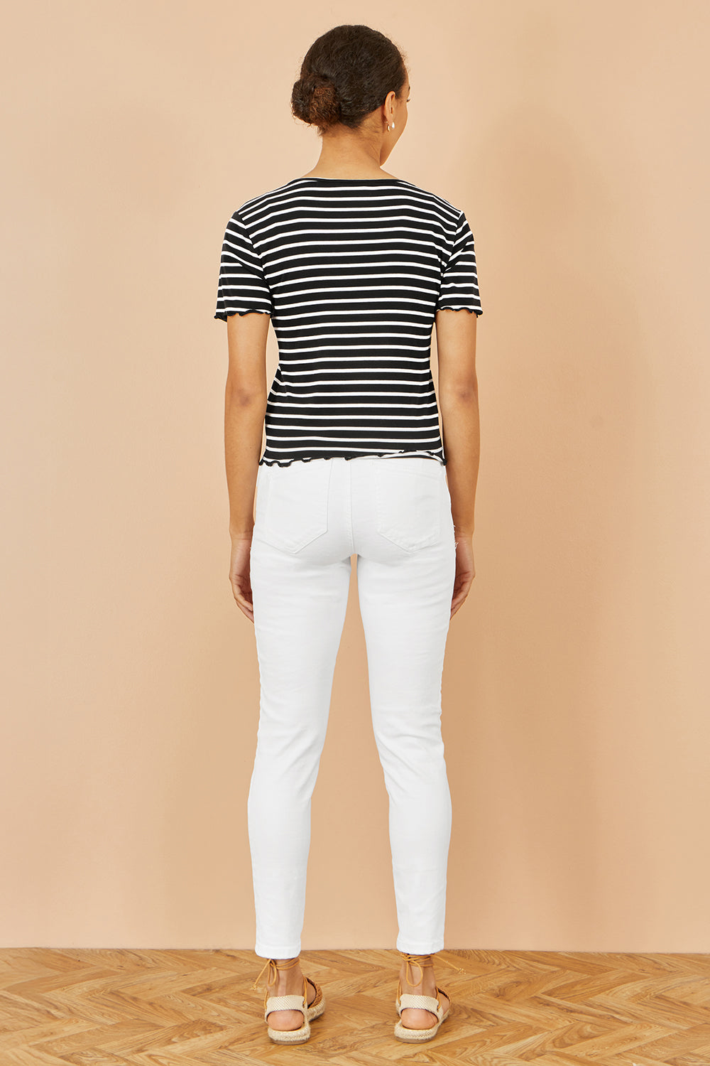 Yumi Black Striped Cotton Jersey Lettuce Trim T-Shirt - QHA UK