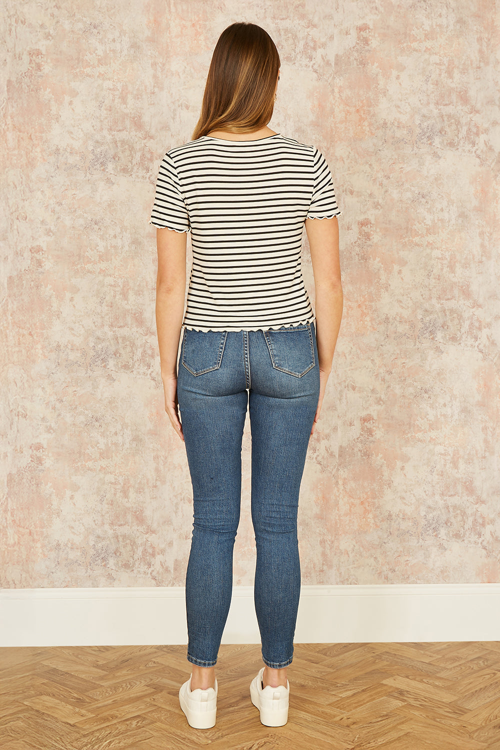 Yumi White Striped Cotton Jersey Lettuce Trim T-Shirt