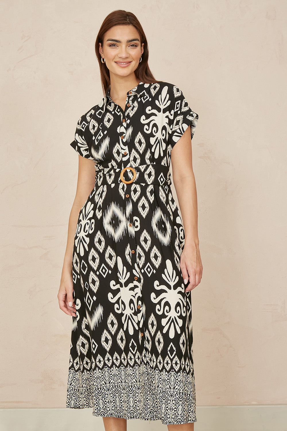 Yumi Black Abstract Geo Print Relaxed Midi Shirt Dress With Belt - QHA UK