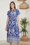 Yumi Blue Abstract Geo Print Relaxed Midi Shirt Dress With Belt - QHA UK