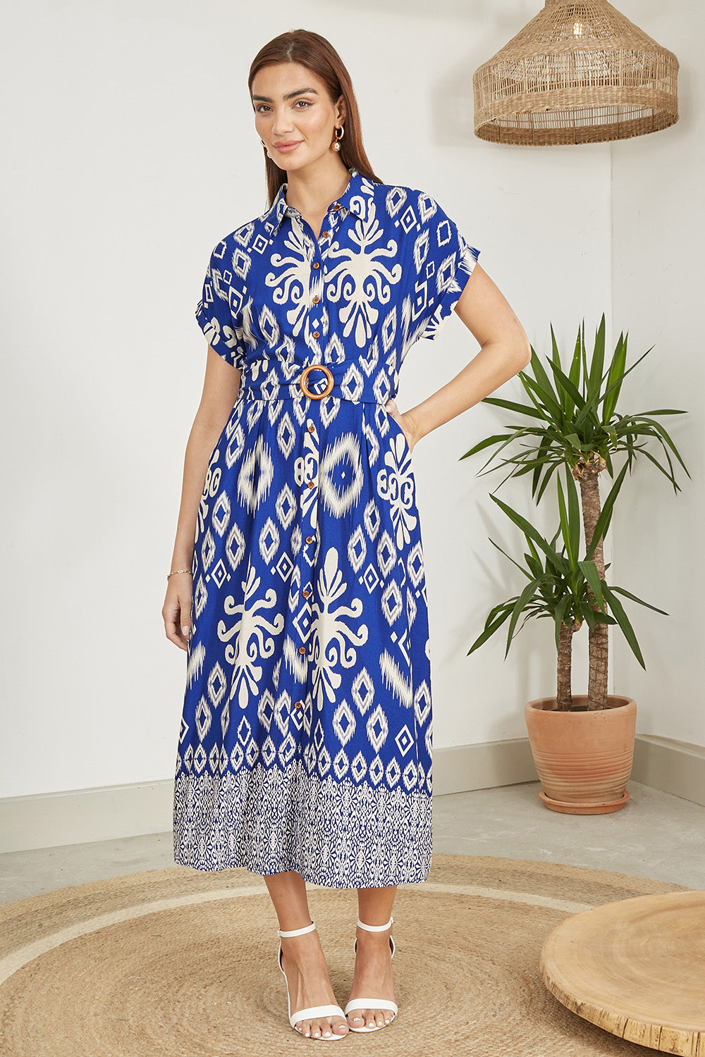 Yumi Blue Abstract Geo Print Relaxed Midi Shirt Dress With Belt - QHA UK