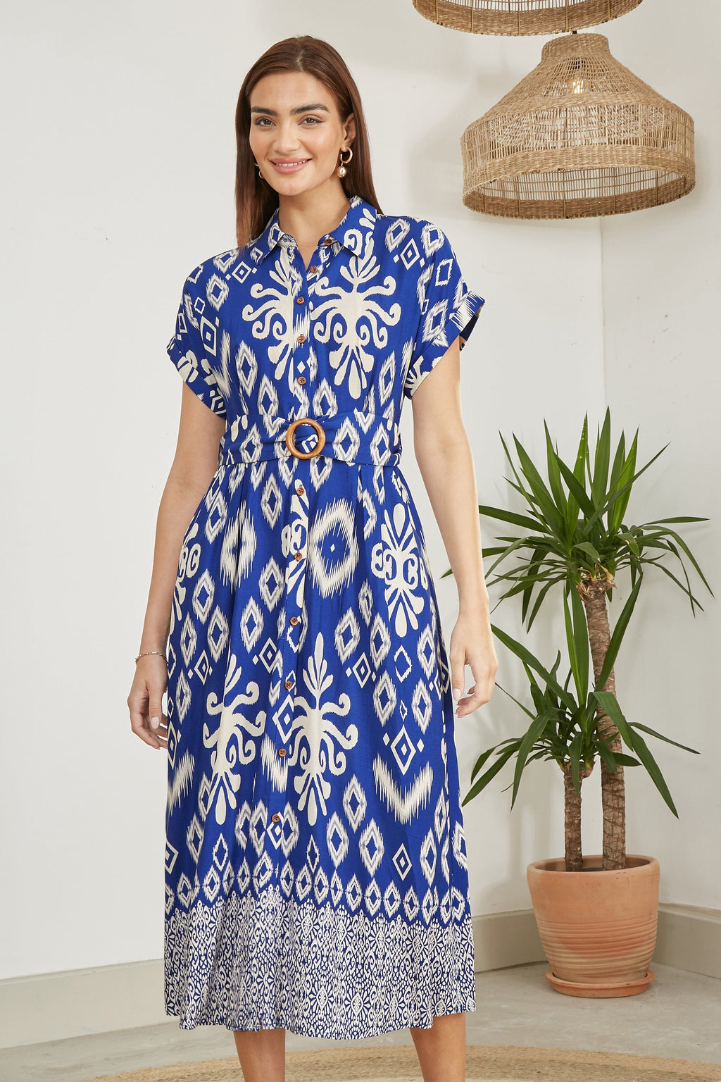 Yumi Blue Abstract Geo Print Relaxed Midi Shirt Dress With Belt - QHA UK