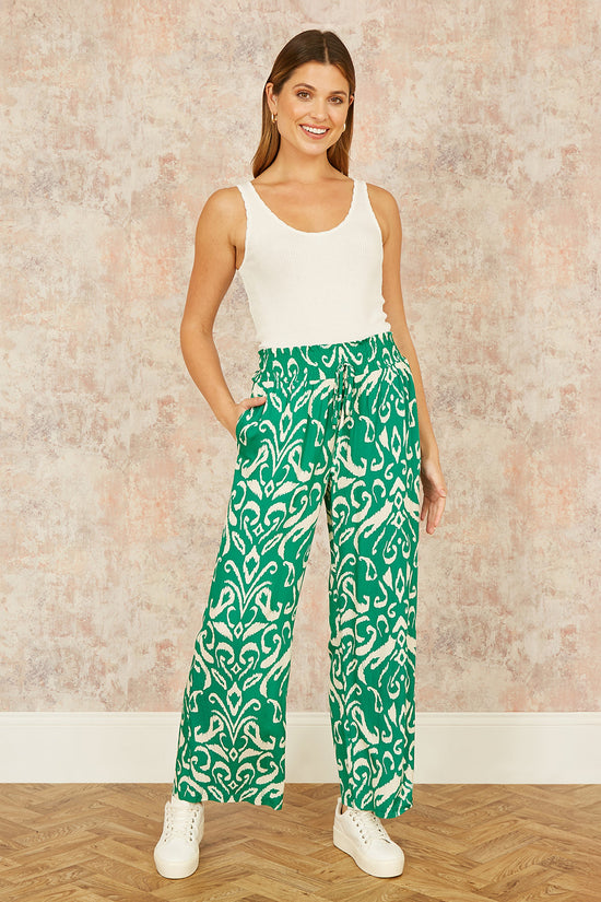 Yumi Green Ikat Print Relaxed Fit Trousers - QHA UK
