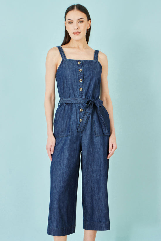 Yumi Blue Chambray Button Through Jumpsuit - QHA UK