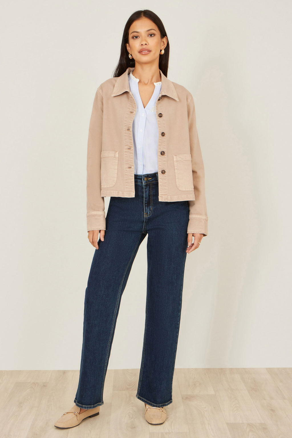 Yumi Beige Canvas Jacket With Patch Pockets