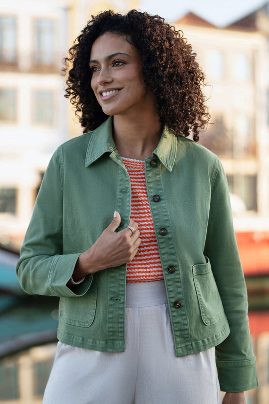 Yumi Green Canvas Jacket With Patch Pockets - QHA UK